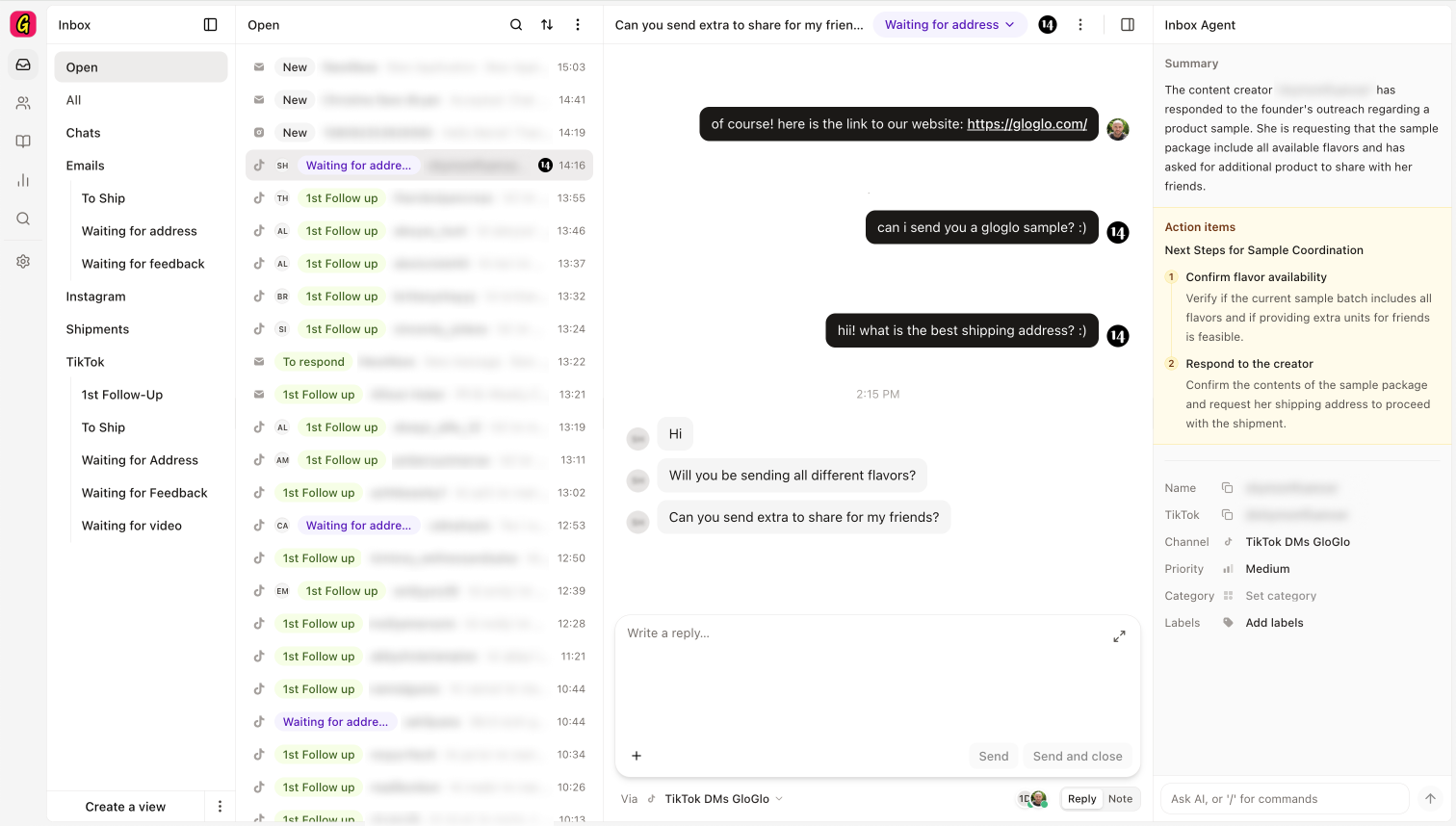 Our in-house GloGlo dashboard powering creator operations The 14.ai dashboard showing GloGlo creator conversations, inbox workflows, and AI-generated next steps