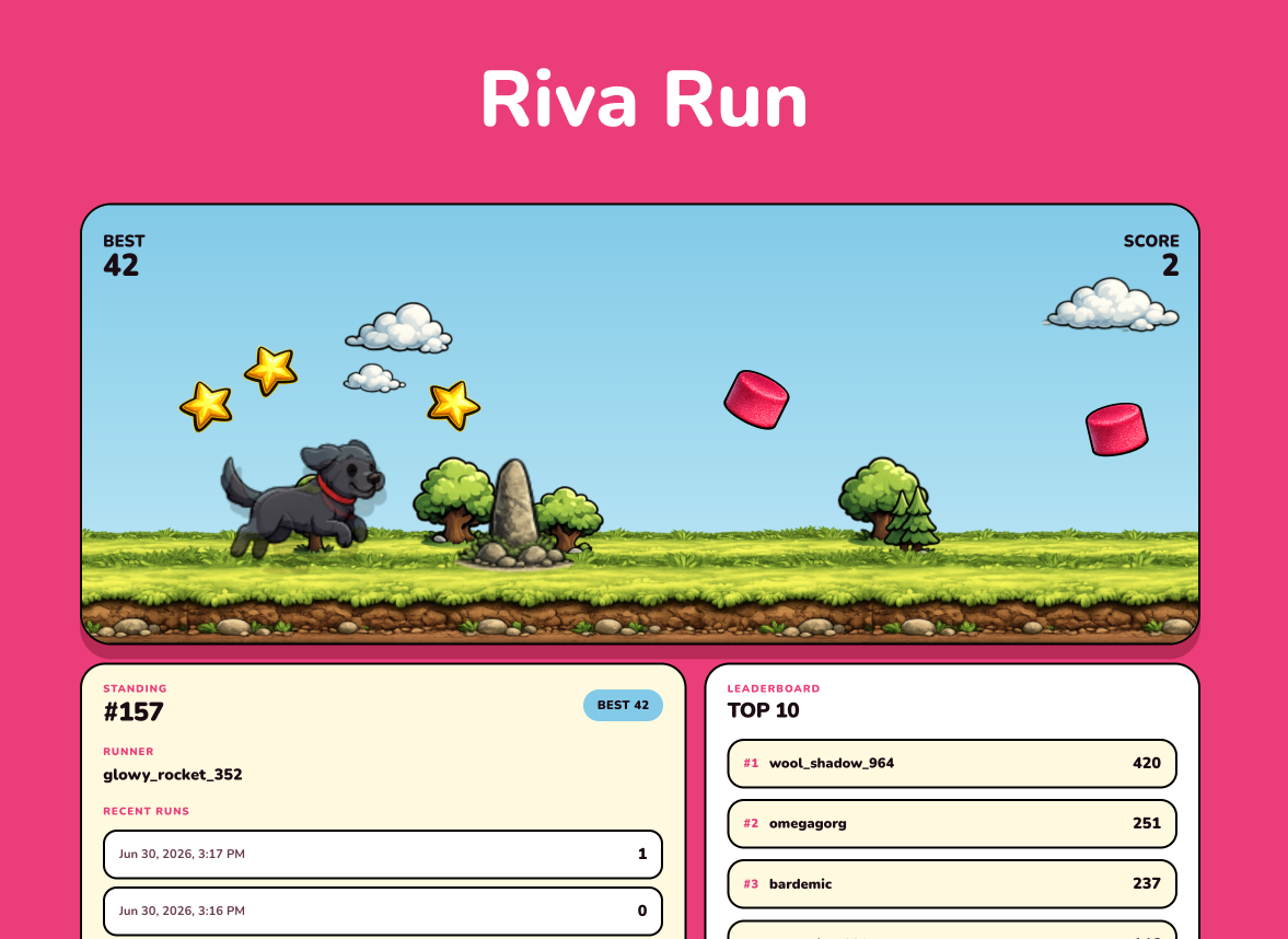 Riva Run, a game inside the GloGlo universe Riva Run gameplay with Riva collecting stars and GloGlo gummies in a bright side-scrolling world